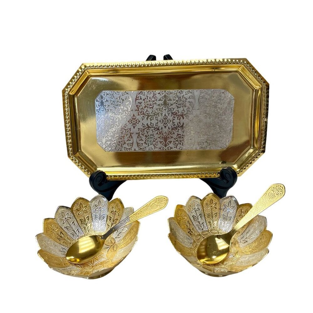 Rare Indian 5 Pc Gold and Silver Flashed Metal Sauce Set in Velvet Box Vintage - Picture 6 of 12